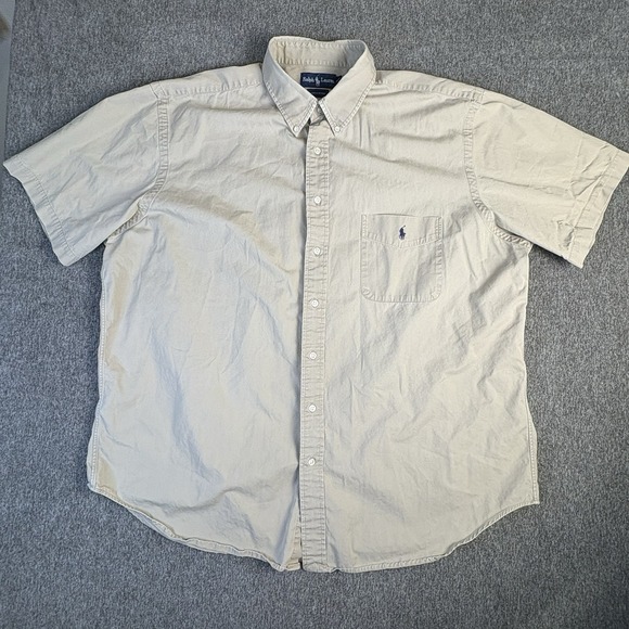 Vintage Polo‎ Ralph Lauren Shirt Men's 2XL Big Beige Button Up Camp Cotton 90s - Picture 2 of 12